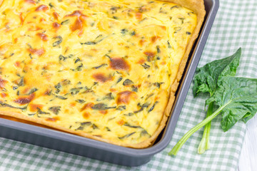 Ricotta spinach pie in baking form, closeup