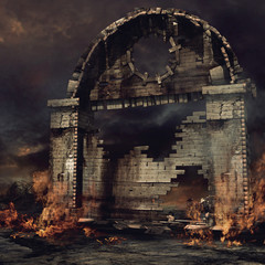 Fototapeta Ruiny bramy miejskiej w ogniu obraz