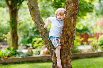 Cute little kid boy enjoying climbing on tree