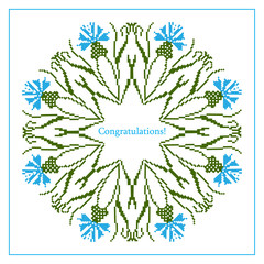 Greeting card with ethnic cornflower ornament pattern