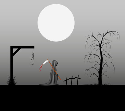 Spooky background with grim reaper with bloody scythe