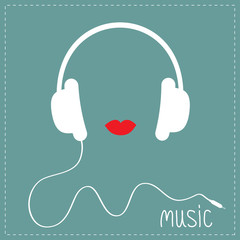 White headphones with cord. Red lips Music card. Flat design