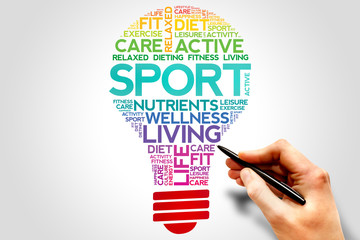 SPORT bulb word cloud, health concept