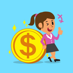 Businesswoman Leaning Against A Big Coin