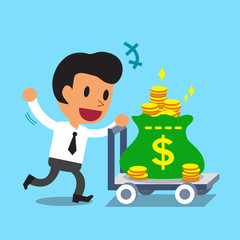 Cartoon businessman pushing money trolley