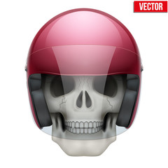 Human skull with motor biker helmet.