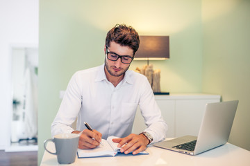 Obraz premium Handsome young smiling businessman working from home with a lapt