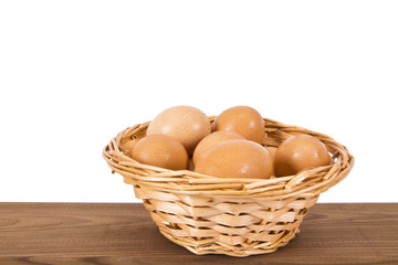 basket of eggs on the wooden table