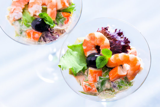 Top view of seafood cocktail starter.