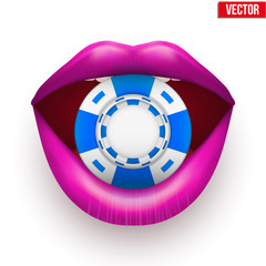 Casino chips in female purple lips. Vector Illustartion.