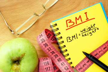 BMI body mass index formula   in a notepad. - obrazy, fototapety, plakaty