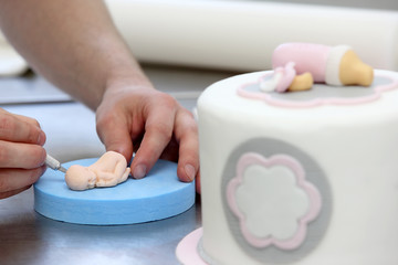 Confectioner decorates birthday cake