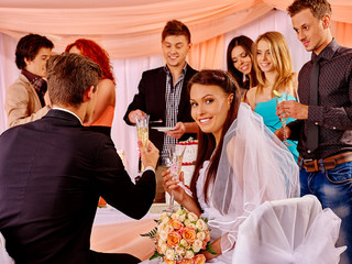 Group people drinking champagne at wedding.