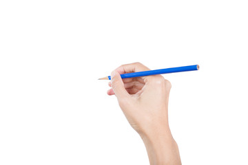 Woman's hand holding a pencil on a white background