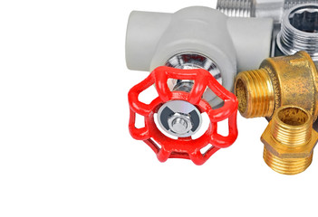 Plumbing fitting and tap, isolated on white background