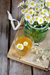 Camomile tea in glass mug 