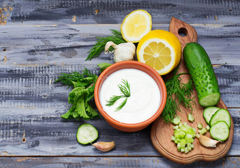 Ingredients for tzatziki sauce – yogurt, cucumber, mint, dill,