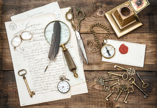 Antique office supplies, writing accessories and old keys