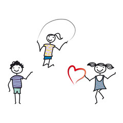 Drei fröhliche Kinder beim Spielen mit Herz, social distance, Abstand halten, covid-19, stay home