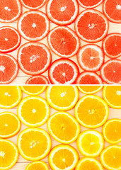 collage ripe grapefruit on white boards, food closeup (seen from above)