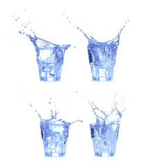 collage Glass of water, ice and slice of fresh lemon on a white background