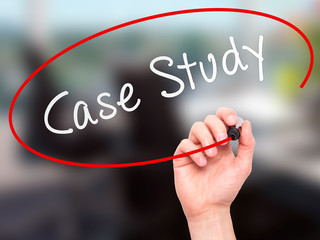 Man hand writing Case Study with marker on transparent screen