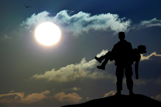 Silhouette Of A Soldier Officer Man Holding On Hands Girl Woman