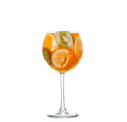 pitcher with a refreshing drink with lemon slices of orange and kiwi on white background