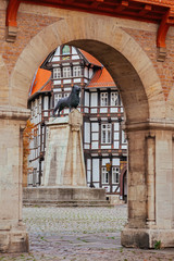 Lion statue and old timbered house in Braunschweig patio - 84320368