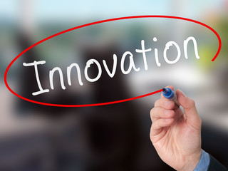 Man Hand writing Innovation with marker on visual screen. 