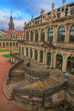 Stairs top view  at Zwinger palace and Residenzschloss (city hal
