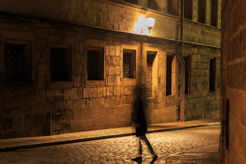 Girl silhouette in motion on night illuminated street
