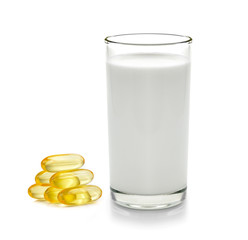 milk and fish oil on white background