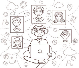 social network (vector illustration, coloring book)