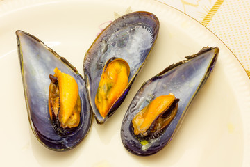 Appetizer with three mussels