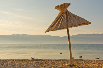 umbrella, pebble beach and seagulls