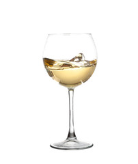 WHITE wine swirling in a goblet wine glass, isolated on a white