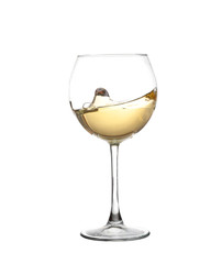 WHITE wine swirling in a goblet wine glass, isolated on a white