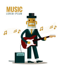 Musician wearing suit and hat playing guitar. flat character design