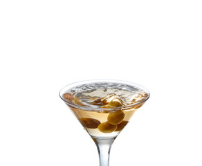 Cocktail with olive splash isolated on white