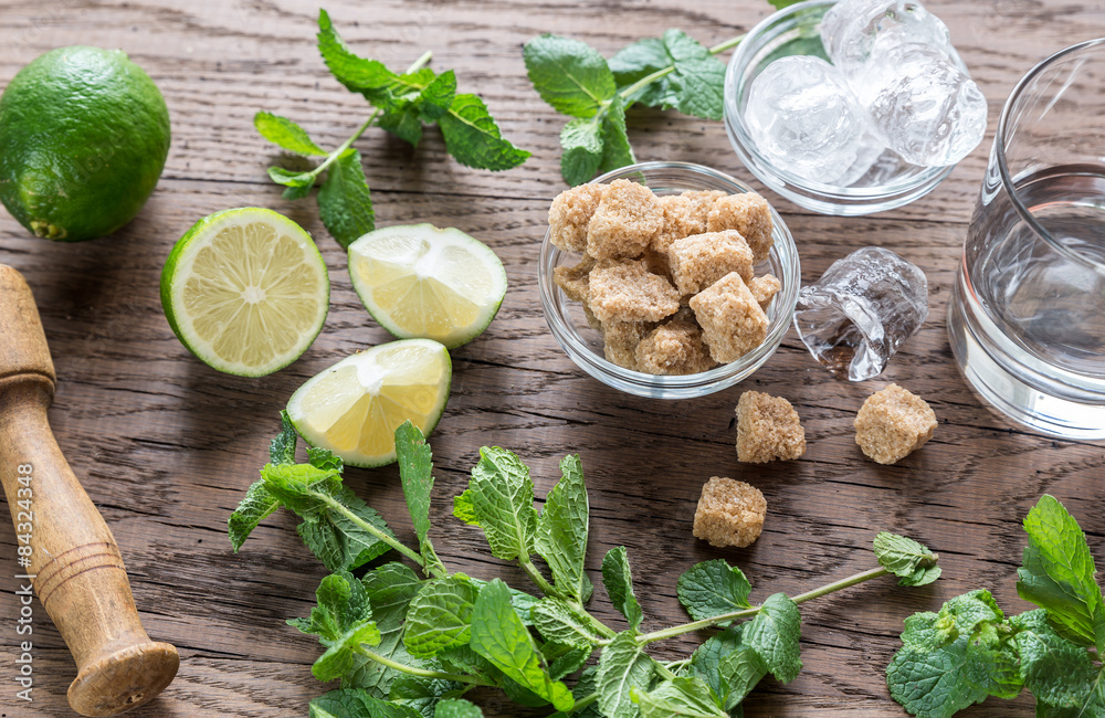 Sticker ingredients for mojito on the wooden background