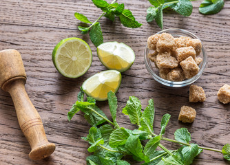 Ingredients for mojito on the wooden background