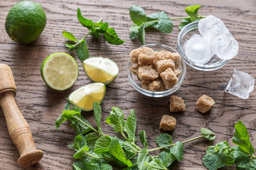 Ingredients for mojito on the wooden background