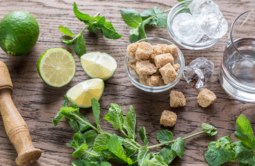 Ingredients for mojito on the wooden background