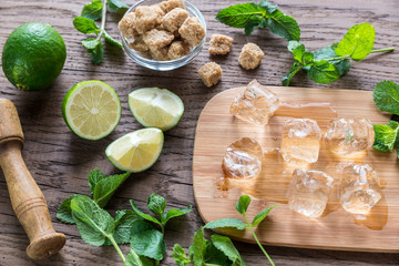 Ingredients for mojito on the wooden background