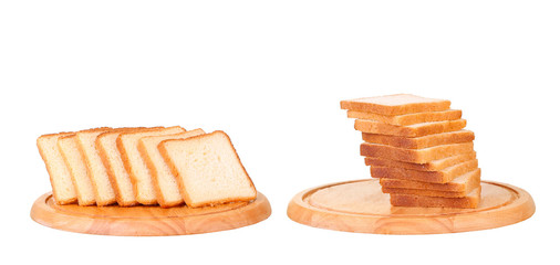 collage Sliced bread on a wooden chopping board isolated on white