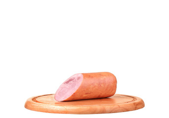 Large piece of ham with cut slices on isolated 