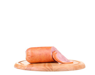 Large piece of ham with cut slices on isolated 