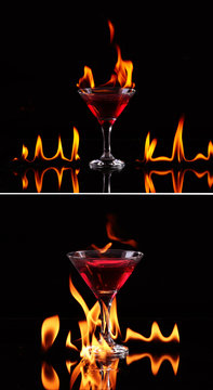 Collage Flaming Cocktail Over Black