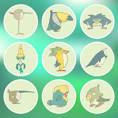 Set of hand drawn vector retro cartoon birds on flat round